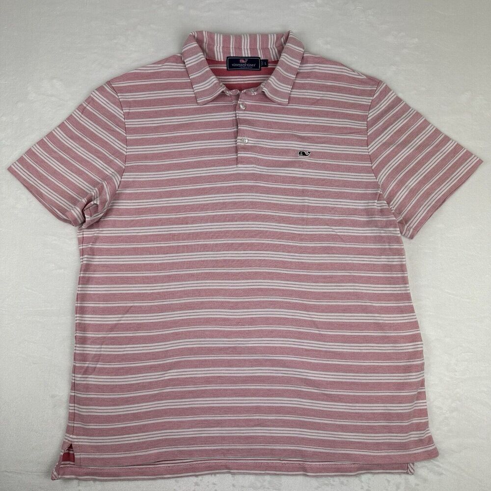 Vineyard Vines Men's Large Polo Shirt Pink Striped Short Sleeve Soft Pima Cotton